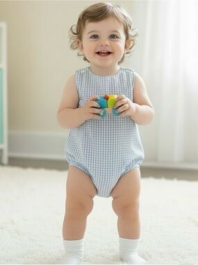 Size 2T Blue Gingham Baby One-Piece Romper by Classic Whimsy
